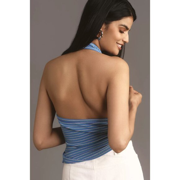 Pilcro Women’s Size Large Blue Stripe Scoop Halter Neck Knit Tank Top New - Picture 2 of 9